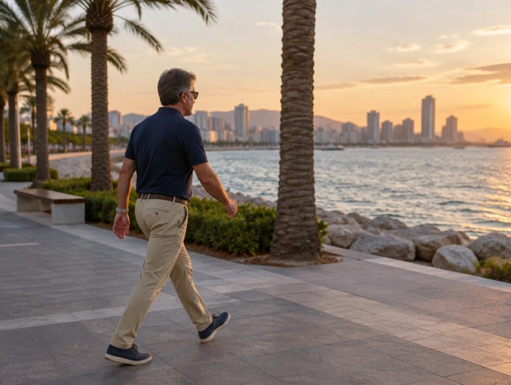 Man in his late fifties walking along a waterfront promenade in the evening