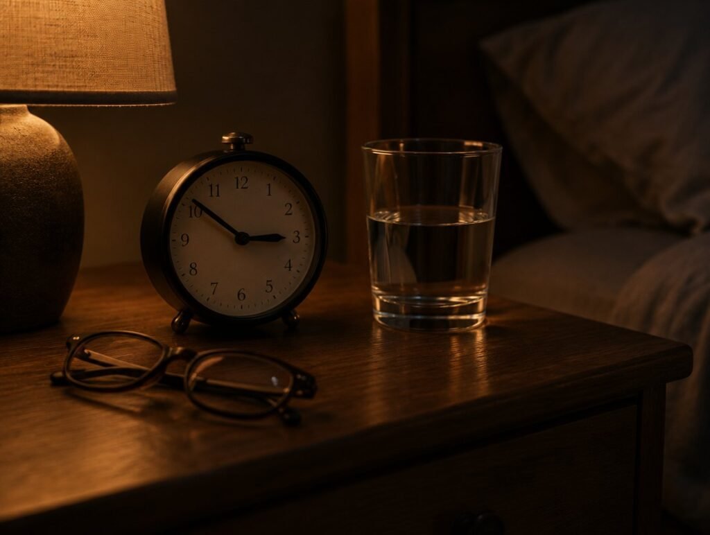 Alarm clock at twenty to three, a glass of water and reading glasses on a bedside table at night