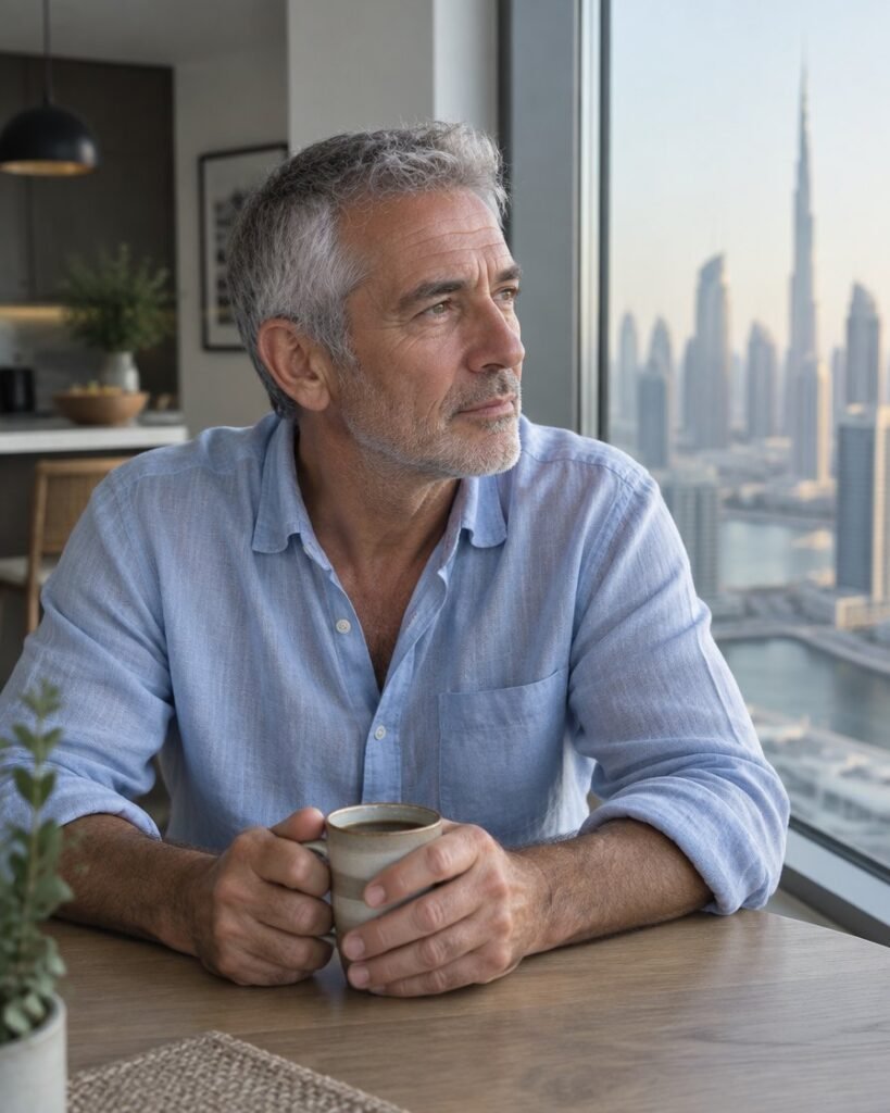 Andropause treatment in Dubai: man in his late fifties at a kitchen table in the morning light