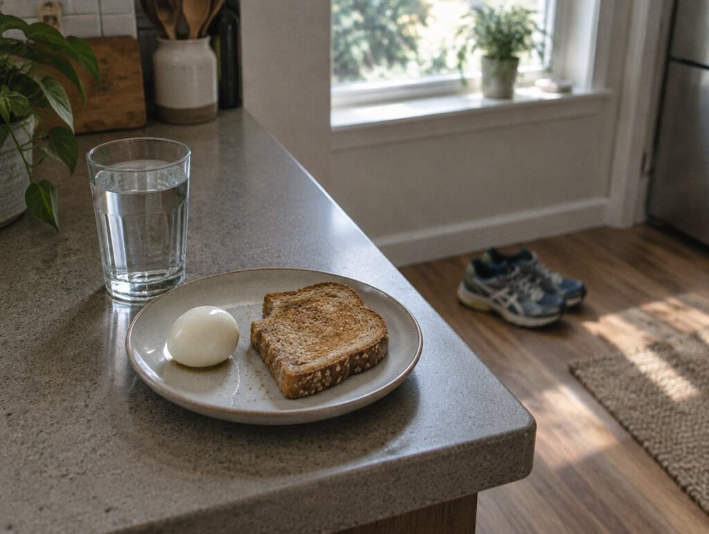Breakfast and running shoes in a kitchen in the morning