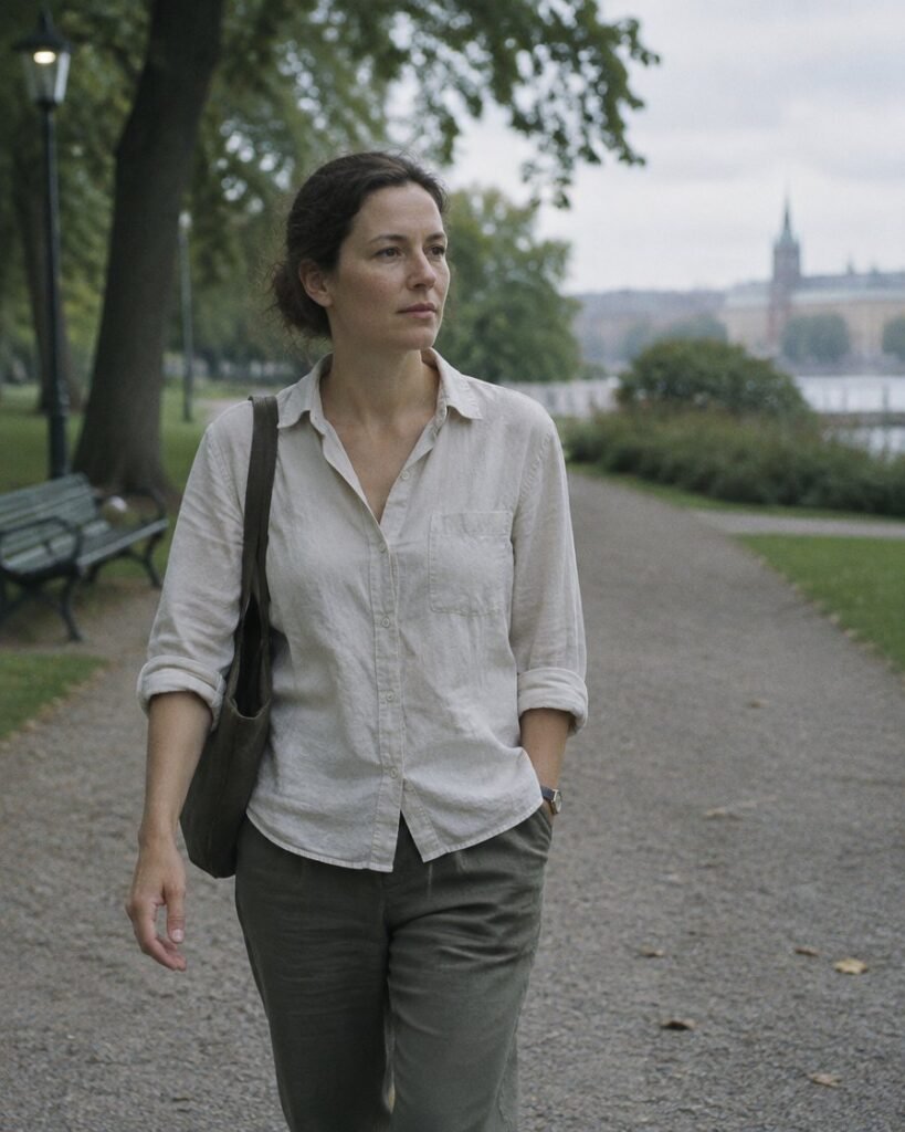 Early menopause treatment in Dubai: woman in her late thirties walking in a quiet park in the morning
