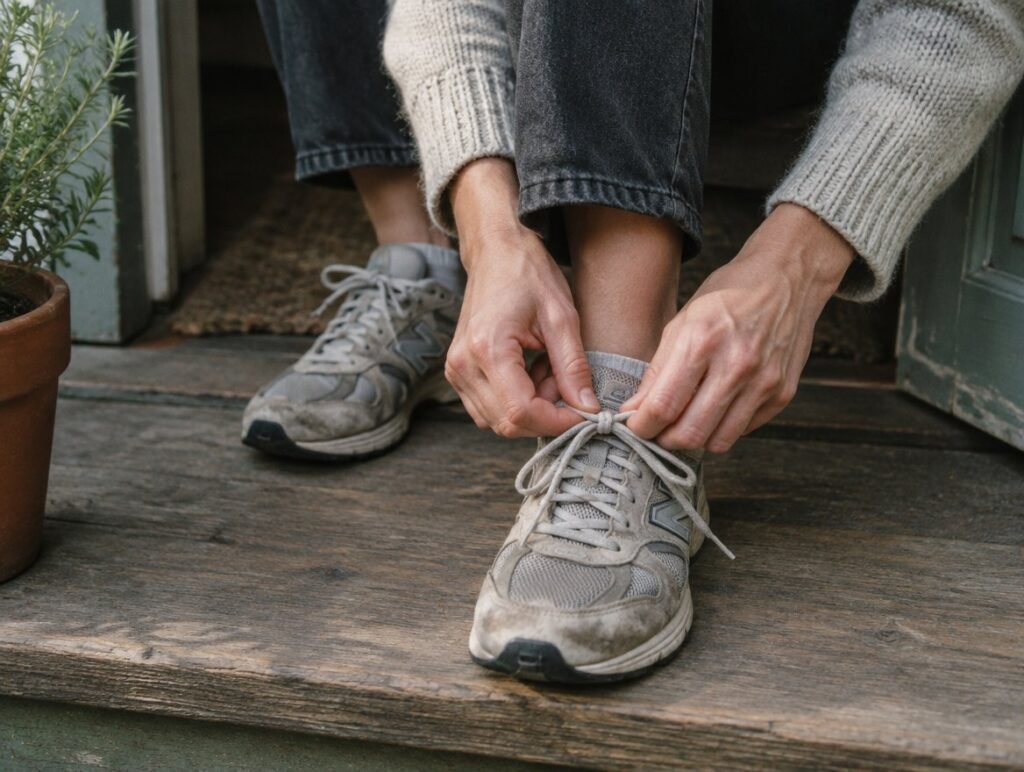 Woman tying her trainers on a doorstep