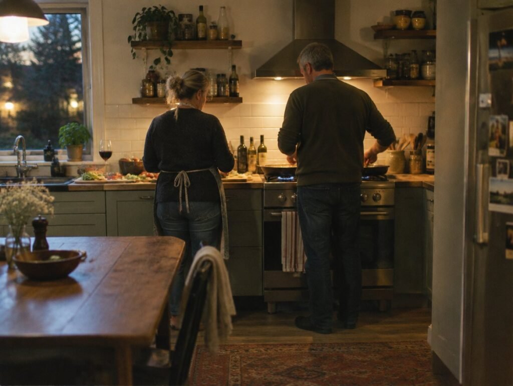 Couple cooking dinner together at home