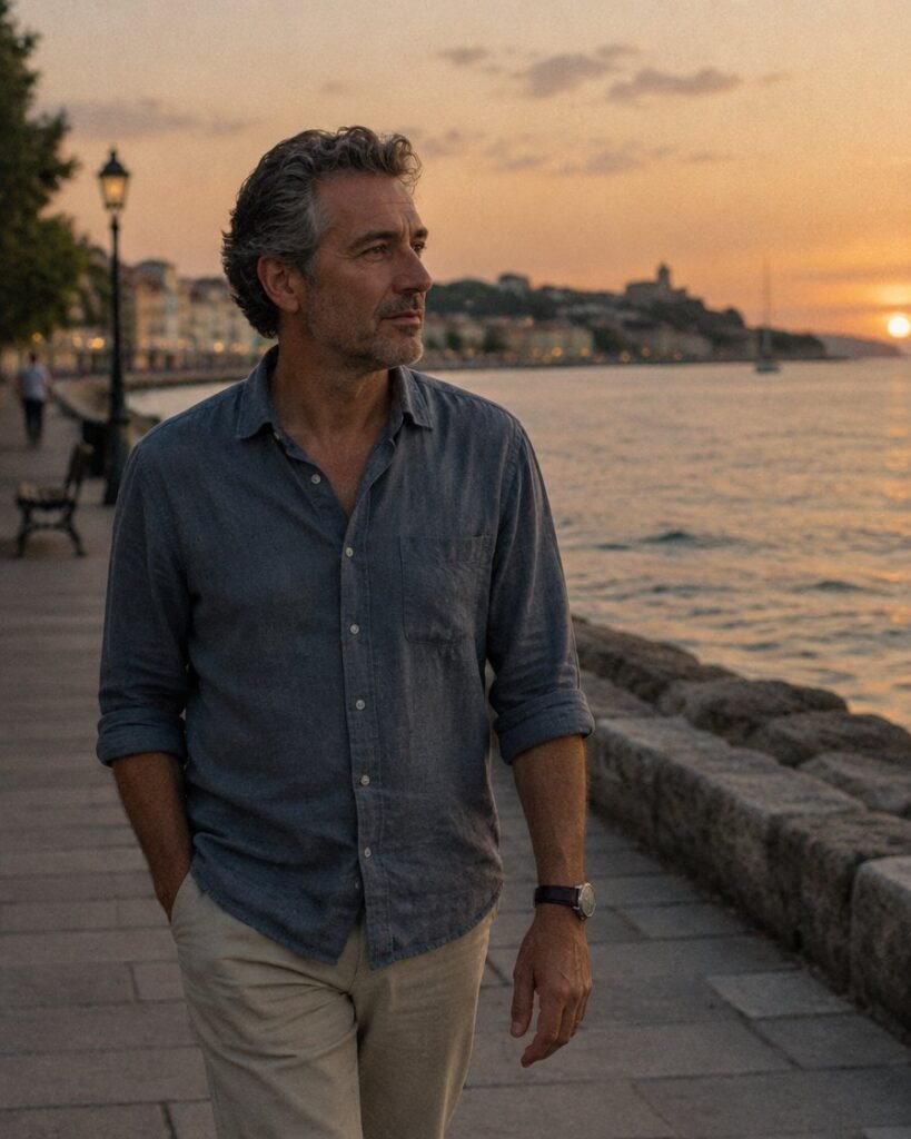 ED treatment for diabetics in Dubai: man in his fifties walking along the waterfront in the evening