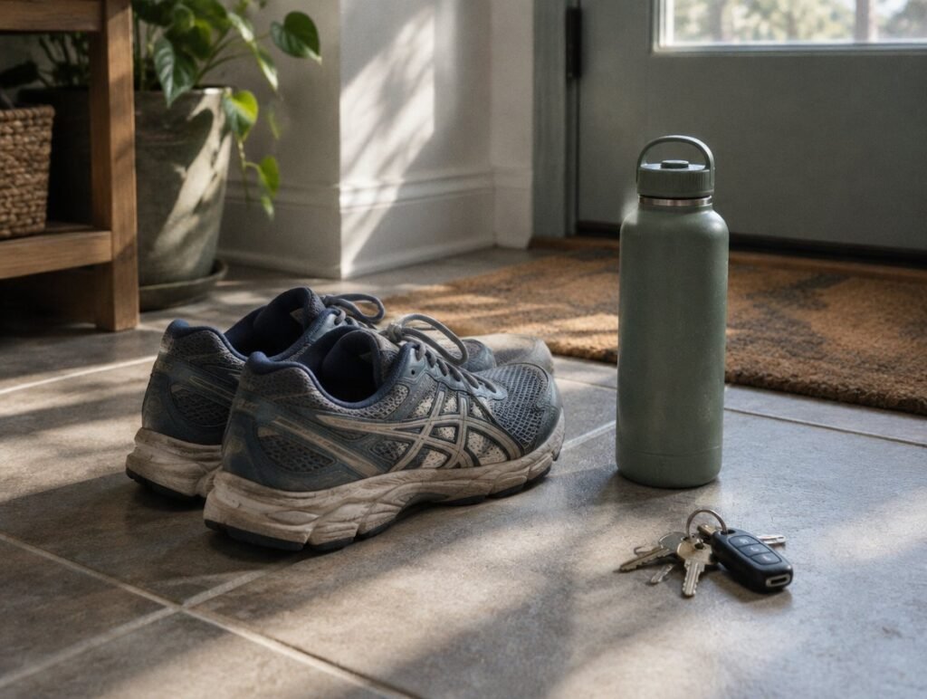 Running shoes and a water bottle by a front door