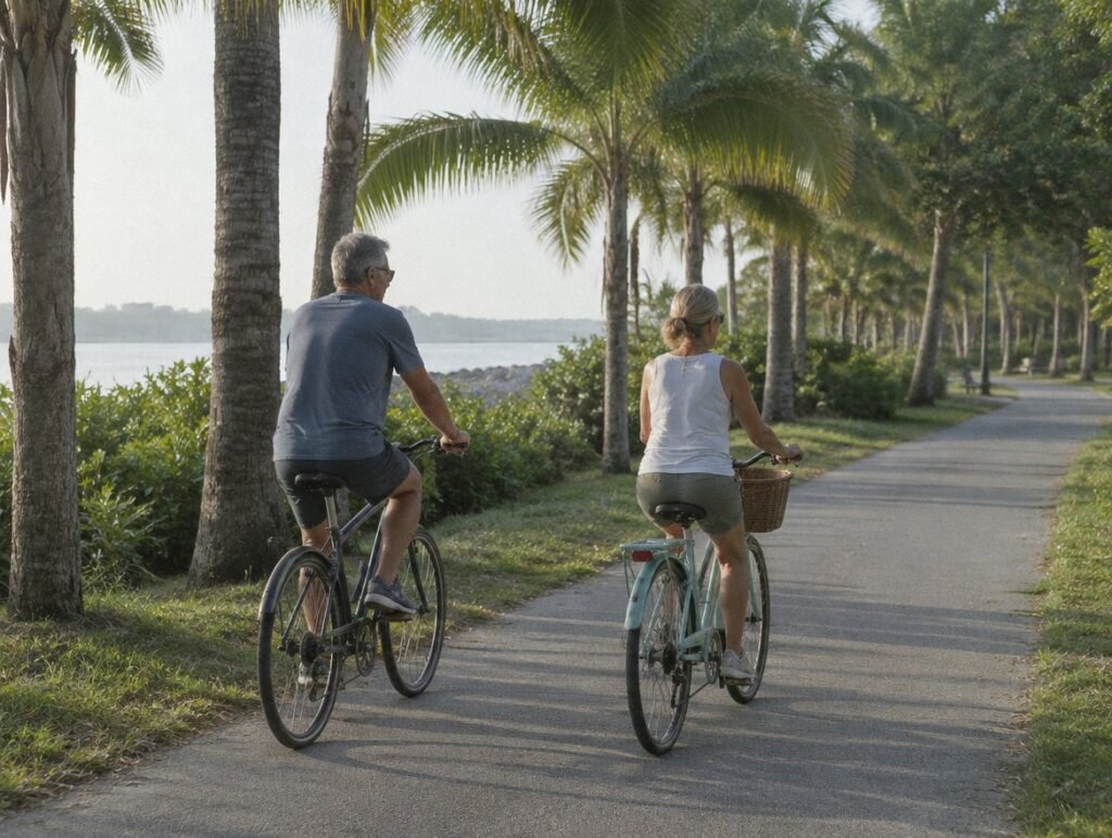 Couple in their fifties cycling along a palm-lined path in the morning