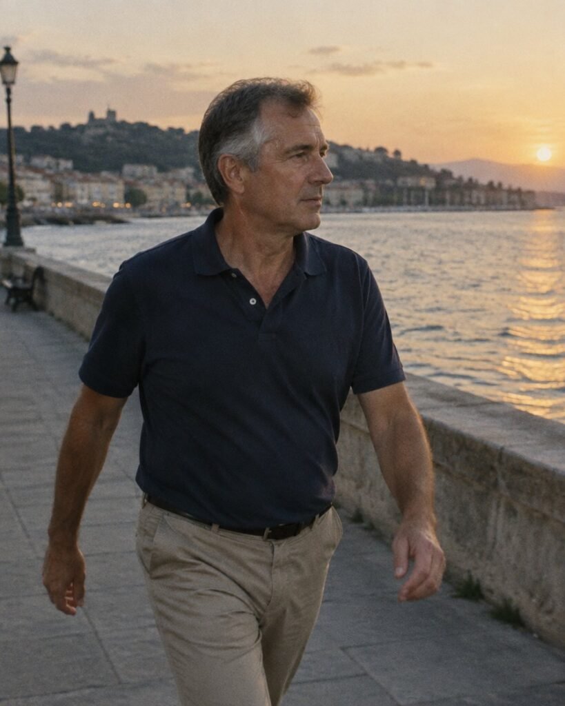 ED treatment with high blood pressure in Dubai: man in his fifties walking along the waterfront in the evening