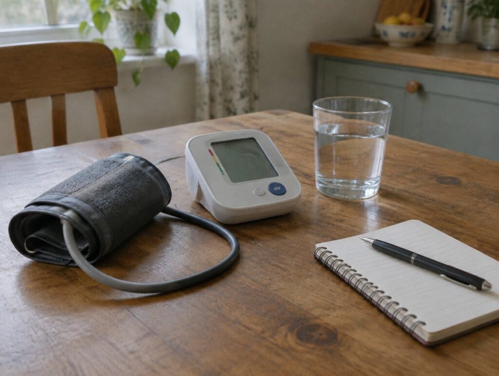 Home blood pressure monitor, a glass of water and a notebook on a kitchen table