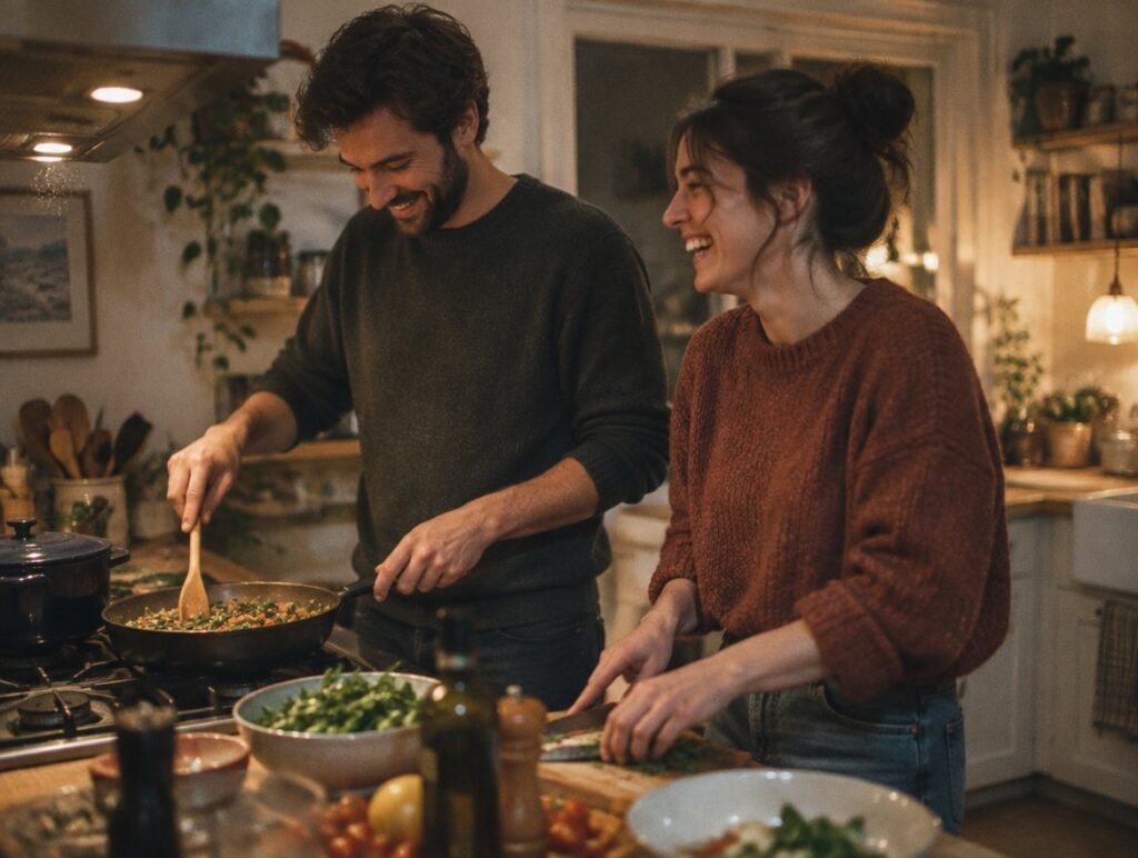 Young couple laughing while cooking dinner together