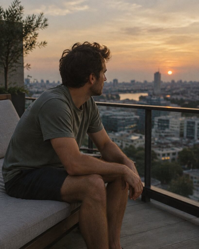ED treatment for young men in Dubai: man around thirty on a balcony looking over the city at dusk