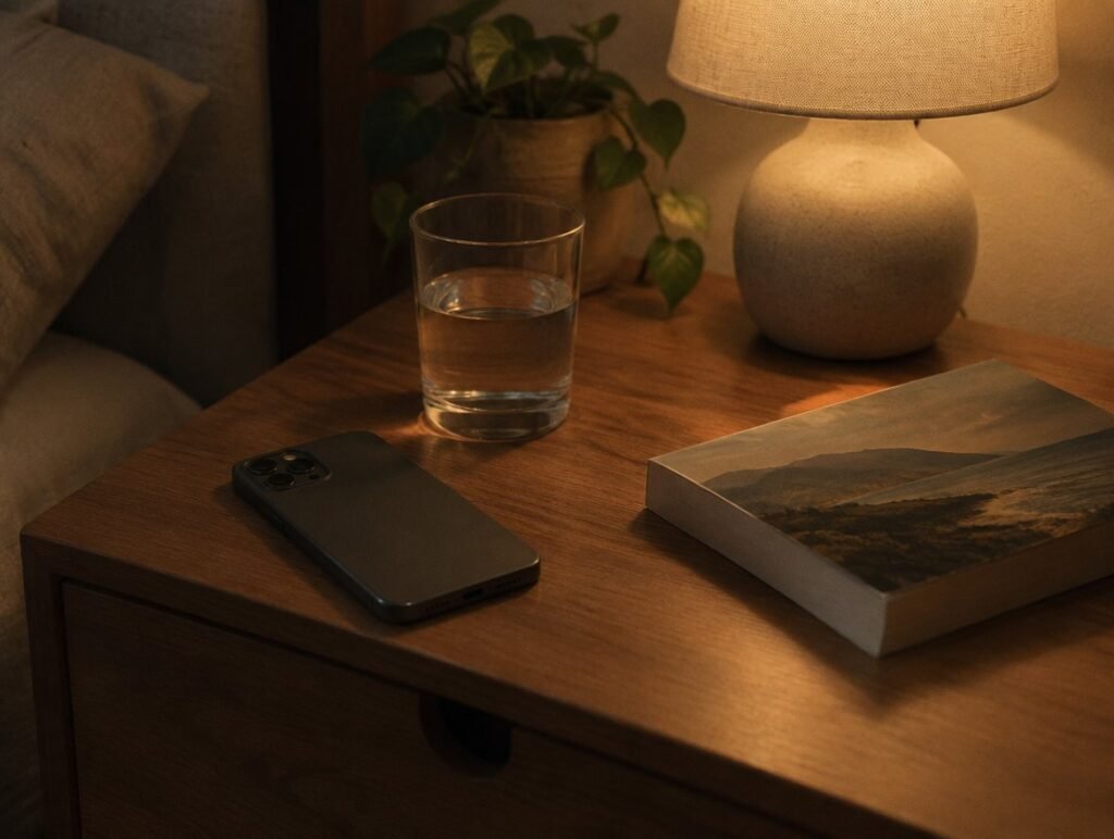 Phone face down, a glass of water and a book on a nightstand in the evening