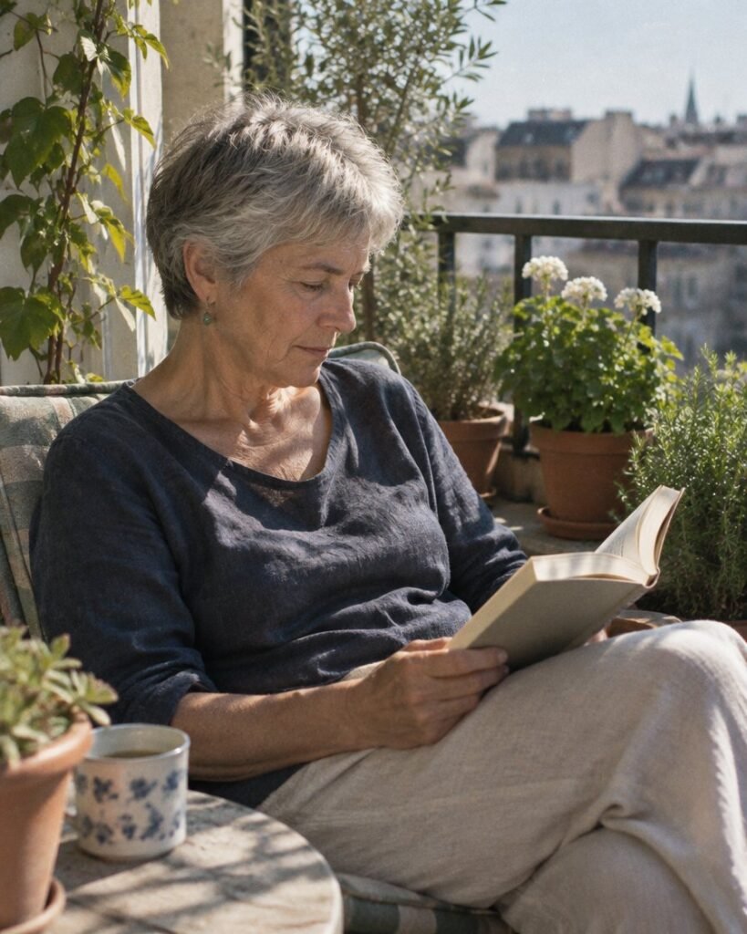 HRT for women over 60 in Dubai: woman in her sixties reading on a sunny balcony