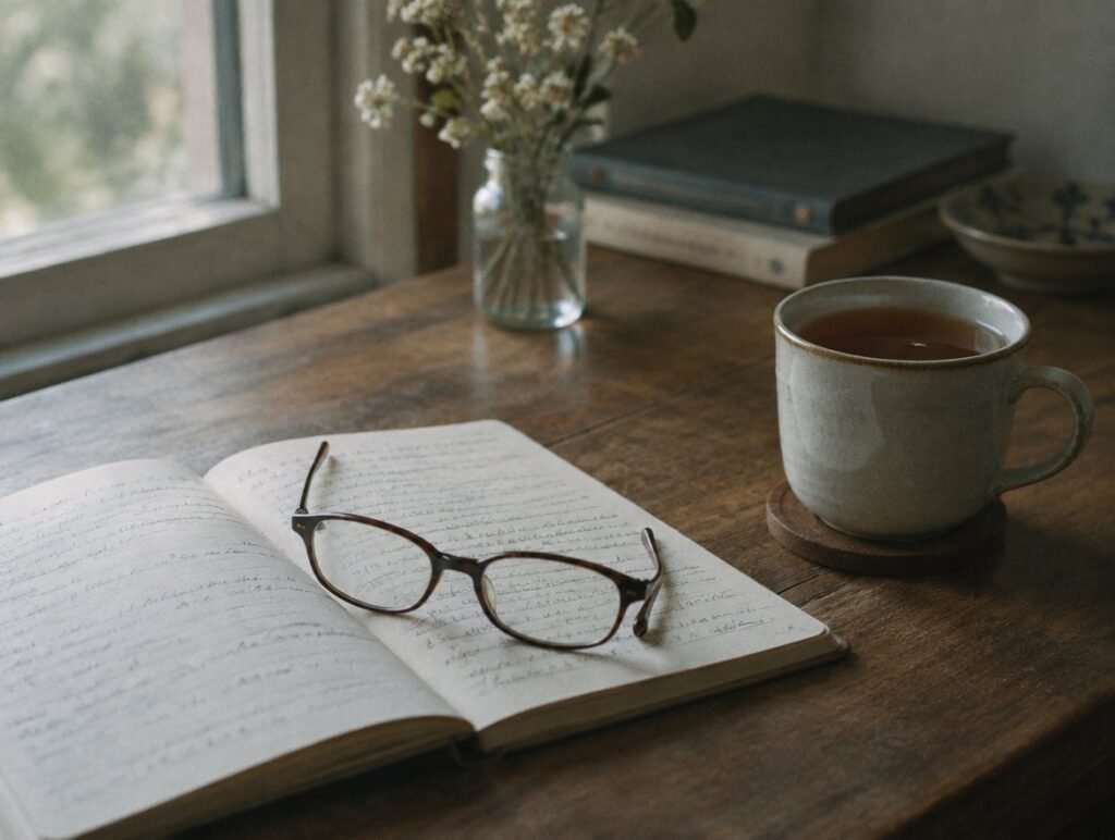 Reading glasses on handwritten notes next to a cup of tea