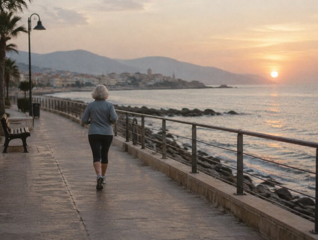 Woman in her sixties walking along the seaside in the morning