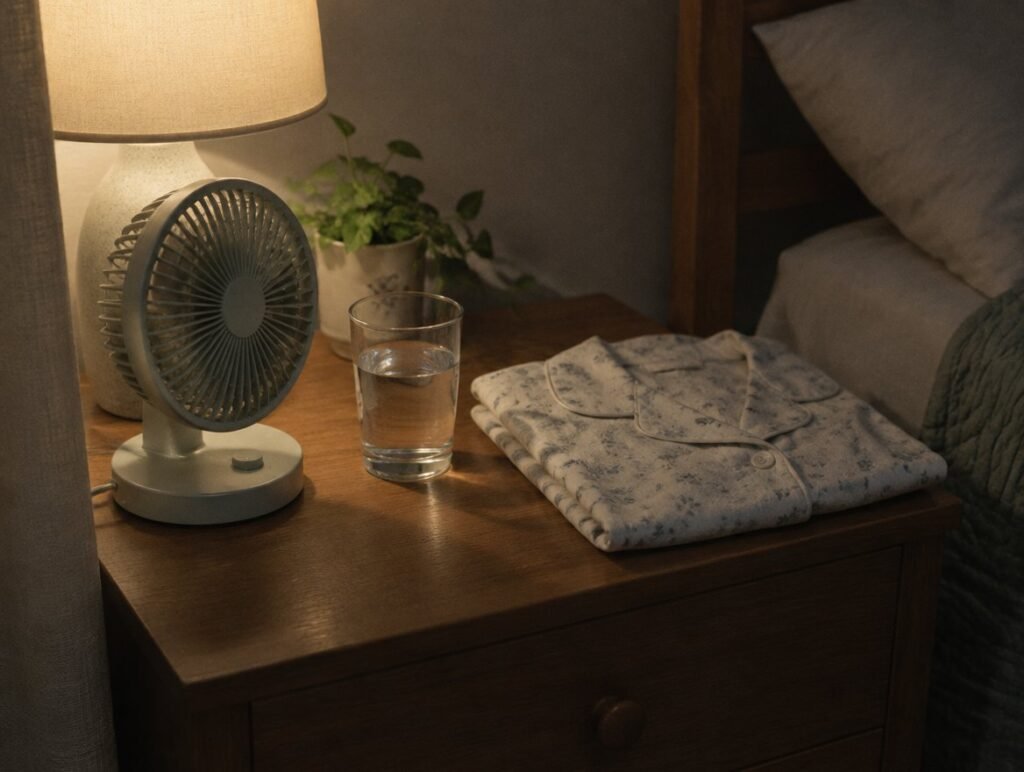 Small fan, a glass of water and a nightshirt on a bedside table at night