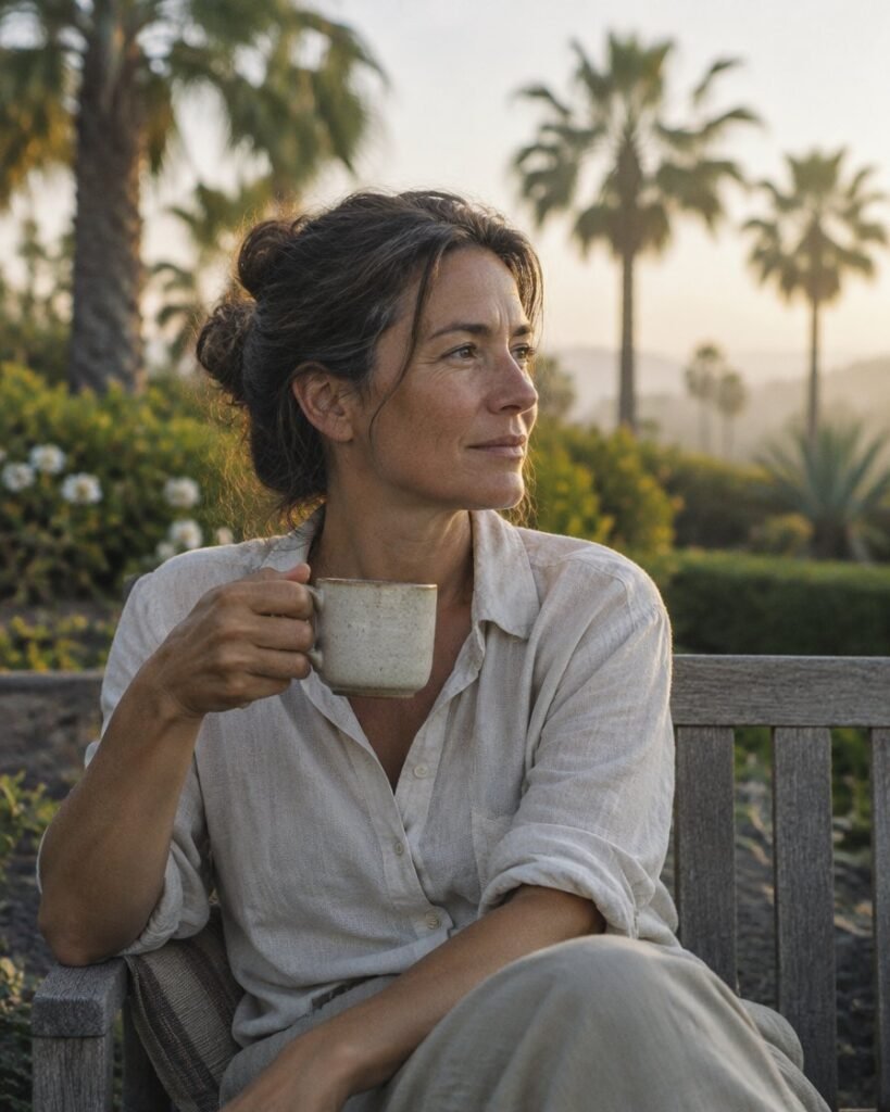 HRT after hysterectomy in Dubai: woman in her late forties with a cup of coffee on a garden bench in the morning
