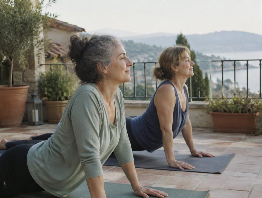 Two women in their fifties stretching together on a terrace in the morning