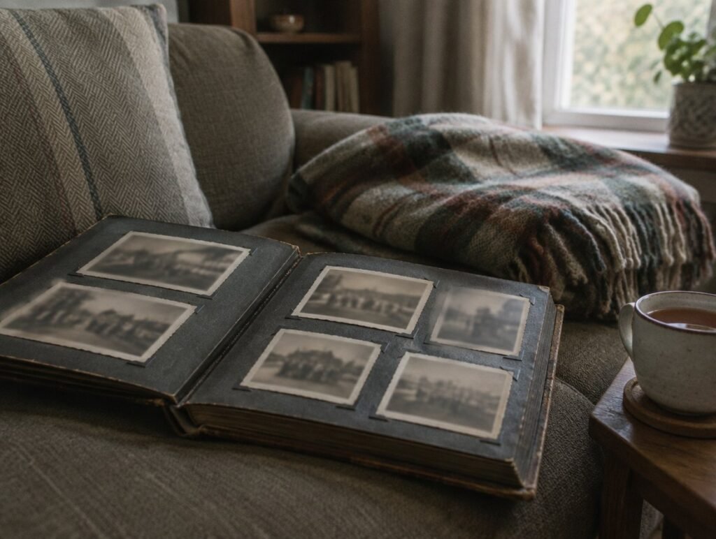 Family photo album on a sofa next to a cup of tea