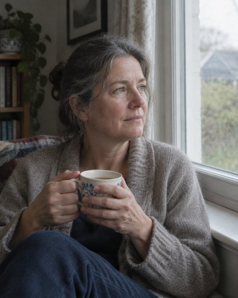 HRT with family history of breast cancer in Dubai: woman in her fifties having tea by the window