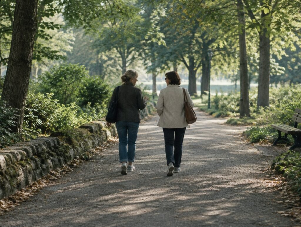 Two women in their fifties walking in a park