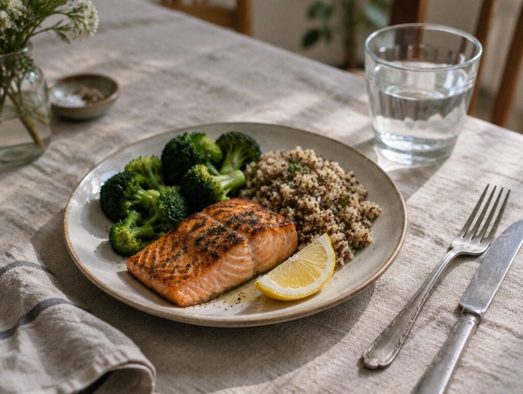 Plate with grilled salmon, broccoli and quinoa
