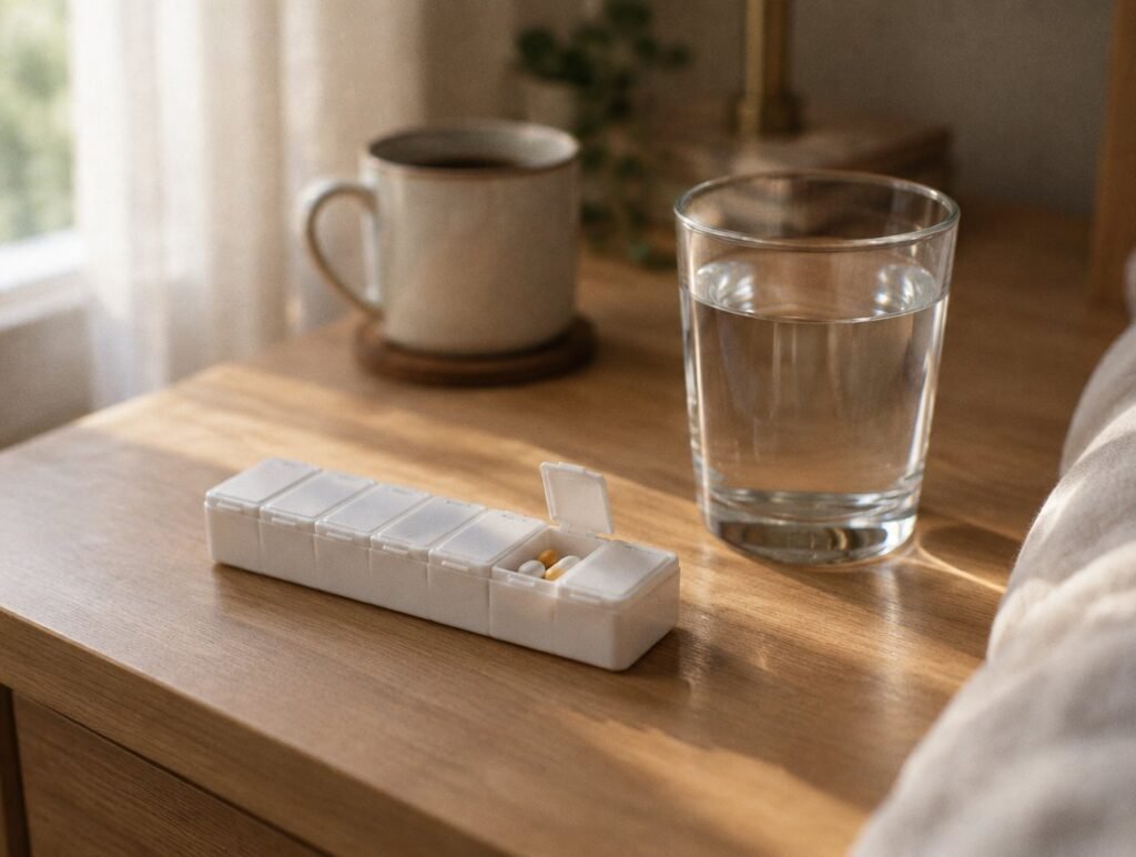 Weekly pill organiser and a glass of water on a bedside table