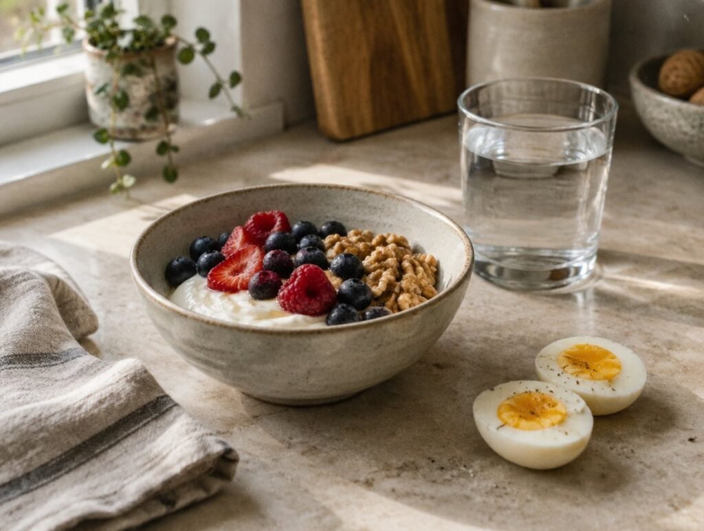 Bowl of yogurt with berries and walnuts next to a boiled egg and a glass of water
