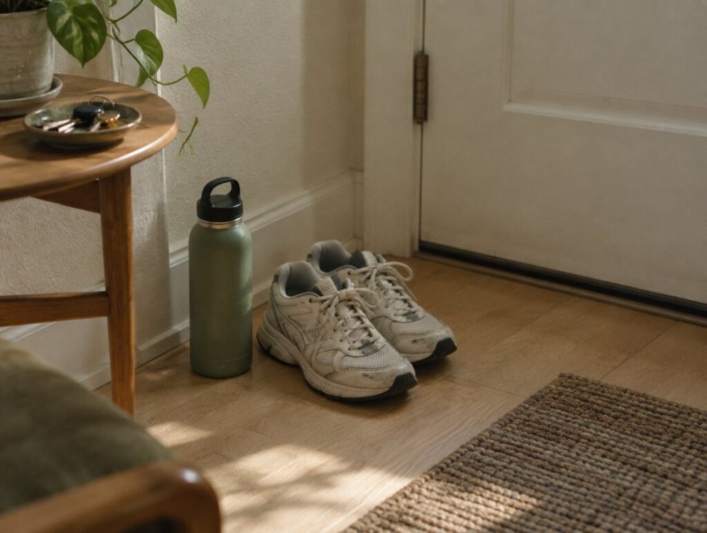 Walking shoes and a water bottle by an apartment door