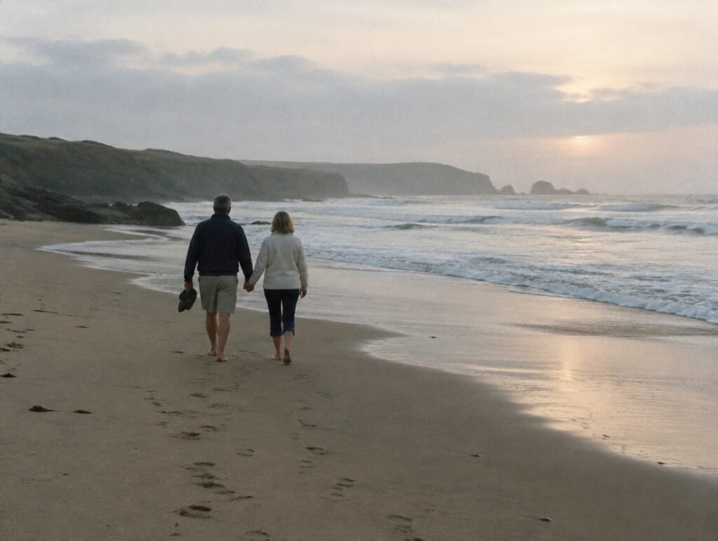 Couple in their fifties walking on a beach in the morning