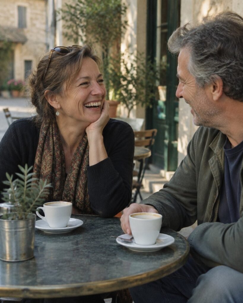 Low libido after menopause in Dubai: woman in her fifties laughing with her husband at a café table