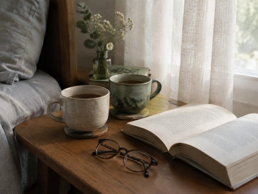 Two cups of tea and a book on a bedside table