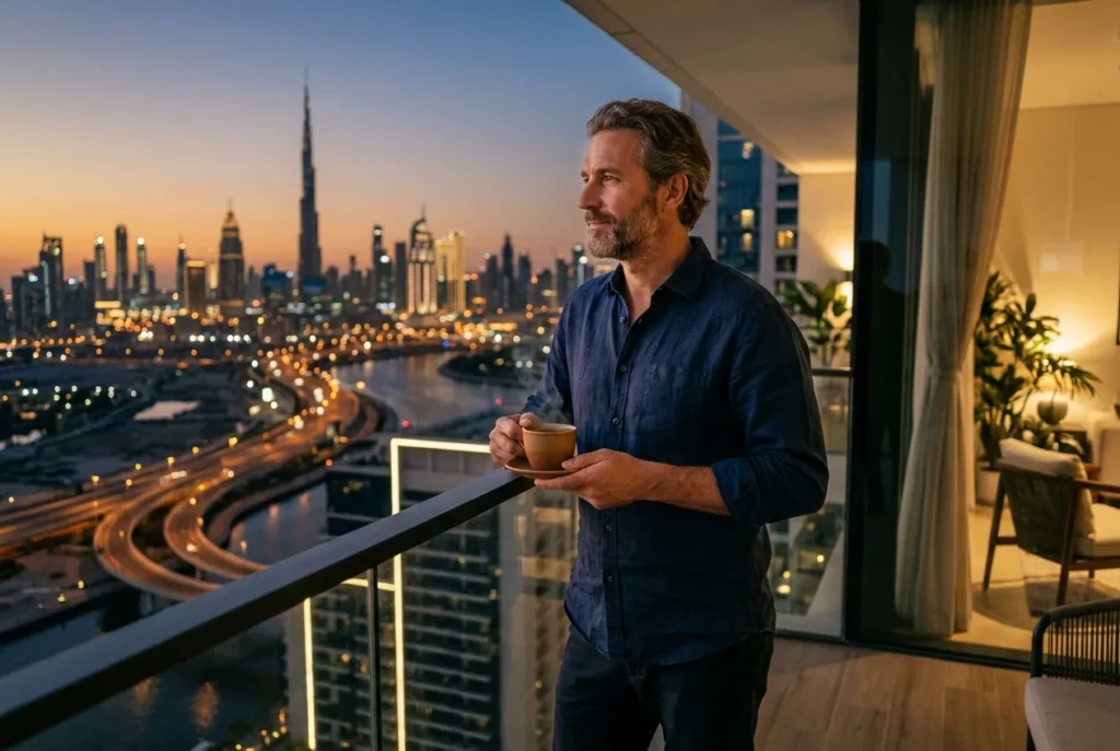 Man on a Dubai balcony in the evening
