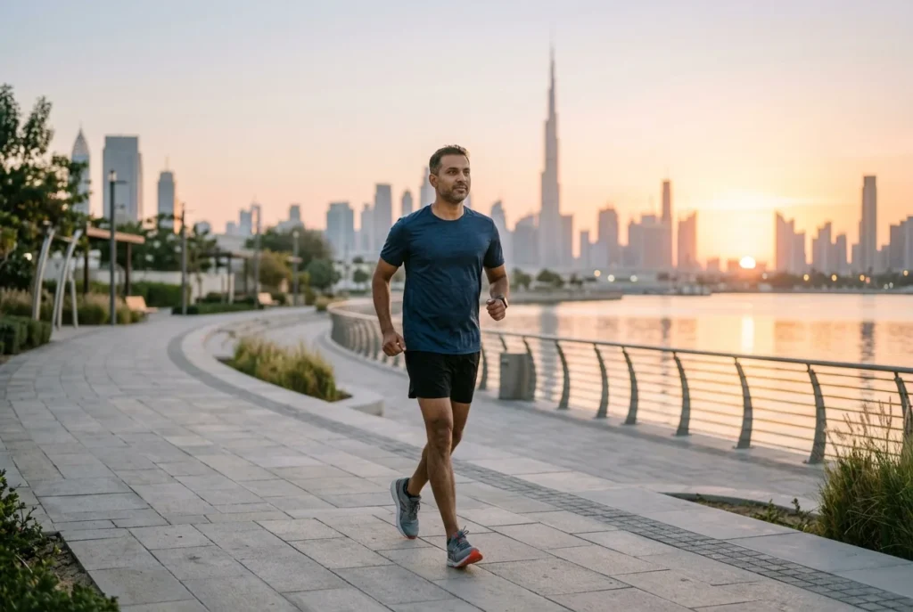 Man walking on a Dubai promenade at sunrise