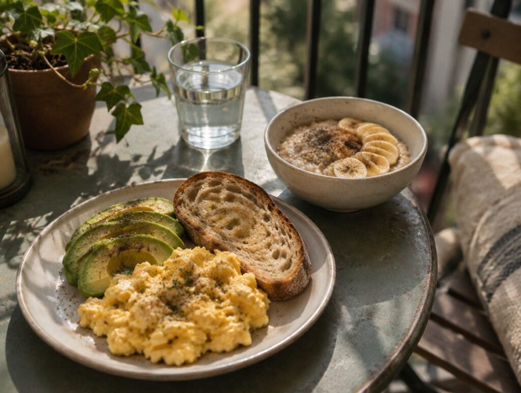 Breakfast with eggs, avocado toast and oats on a balcony table