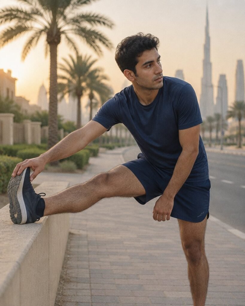 Low testosterone in young men in Dubai: man in his late twenties stretching before a run in the morning