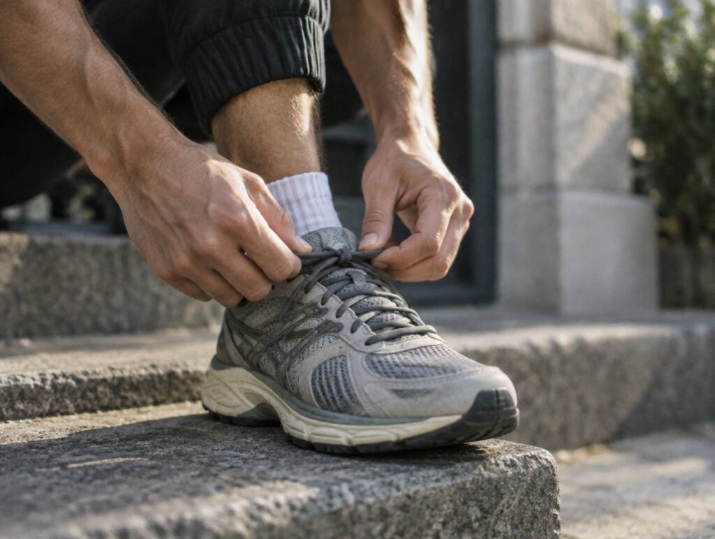 Young man tying his running shoe on a stone step