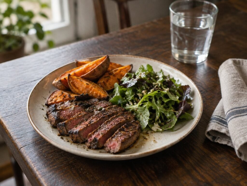 Plate with grilled steak, roasted sweet potato and salad