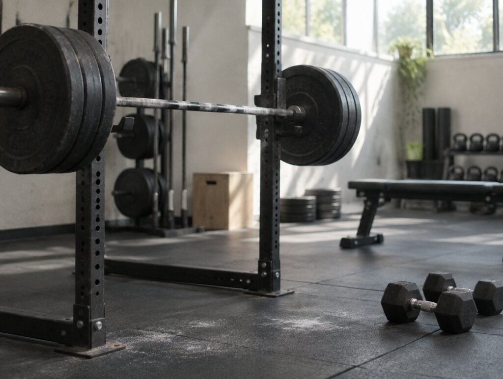 Barbell on a rack and dumbbells in a quiet gym