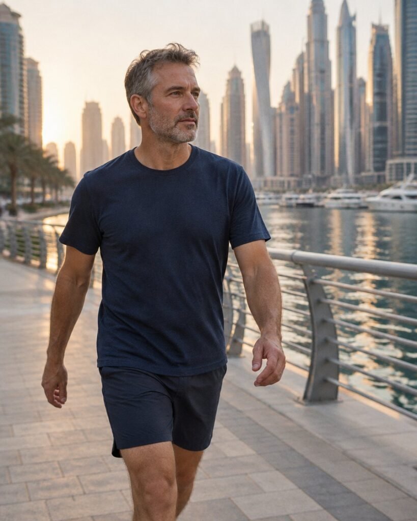 Belly fat treatment for men in Dubai: man in his late forties walking along the waterfront in Dubai Marina