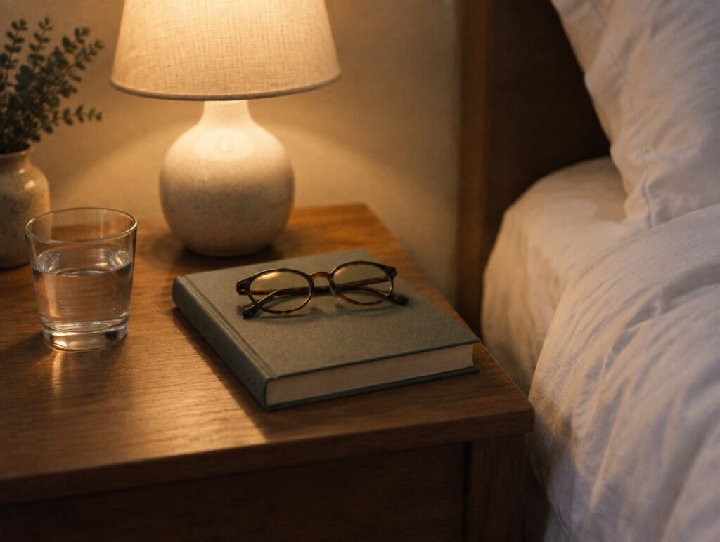 Bedside table with a glass of water, reading glasses and a book