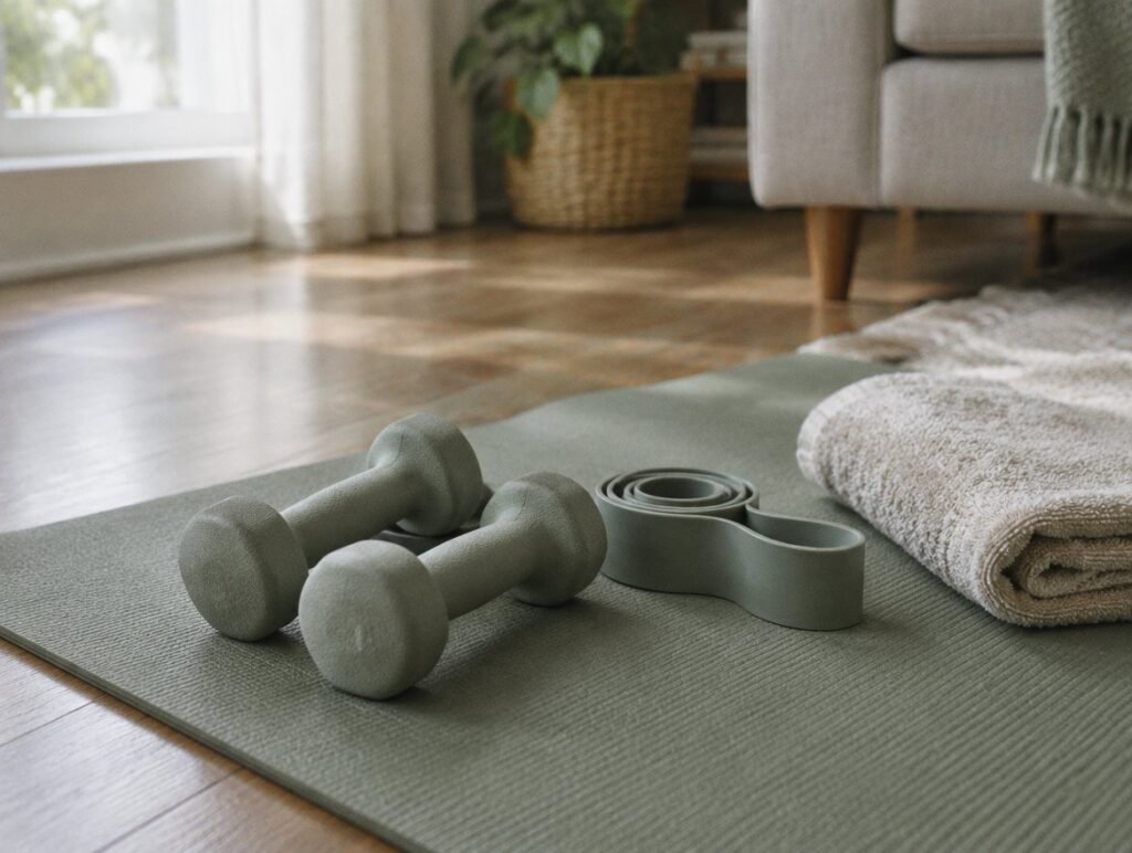 Light dumbbells and a resistance band on an exercise mat