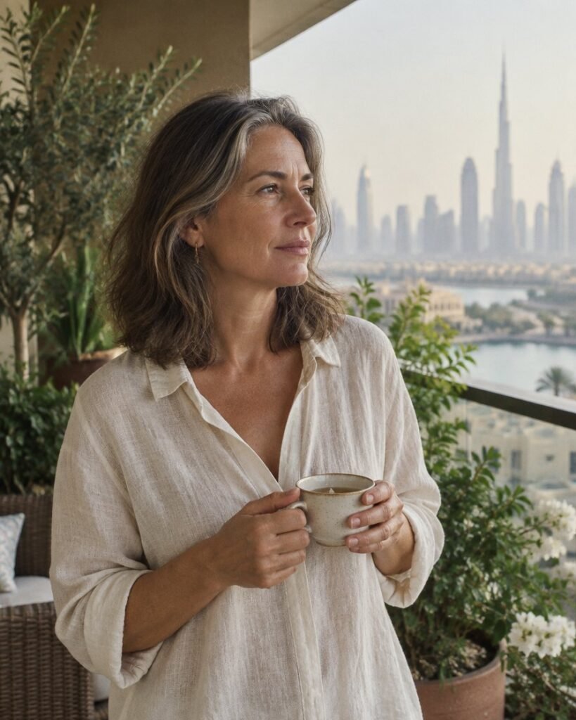 Menopause weight loss in Dubai: woman in her fifties with a cup of tea on her terrace