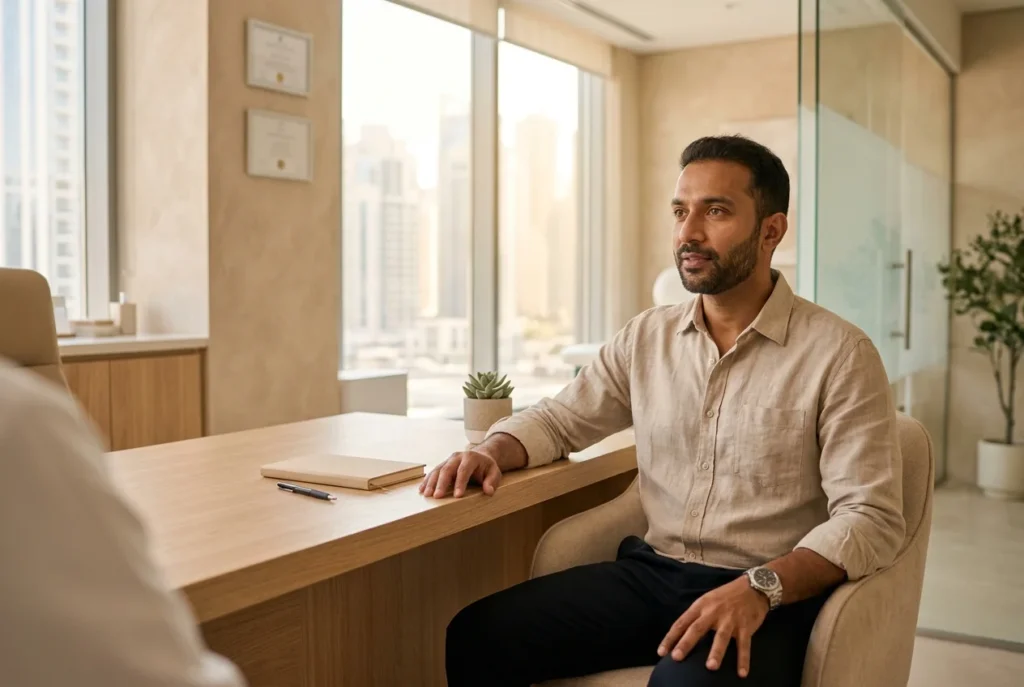 Man listening in a Dubai clinic consultation