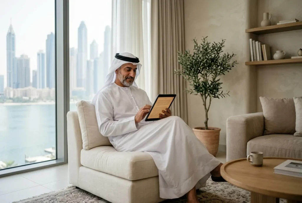 Man reading on a tablet in a Dubai living room