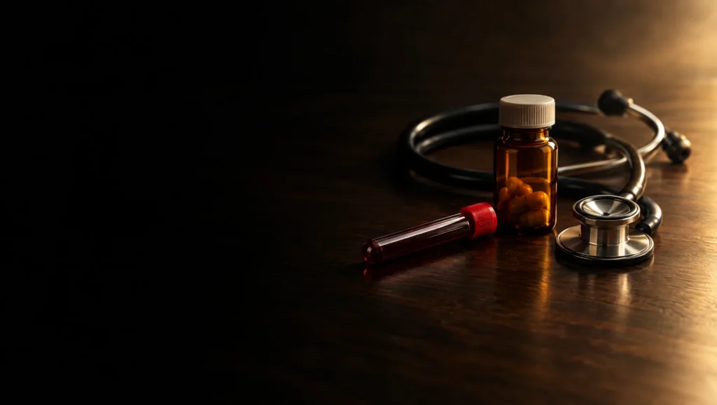 Pill bottle, blood test tube and stethoscope, men's sexual health treatment in Dubai