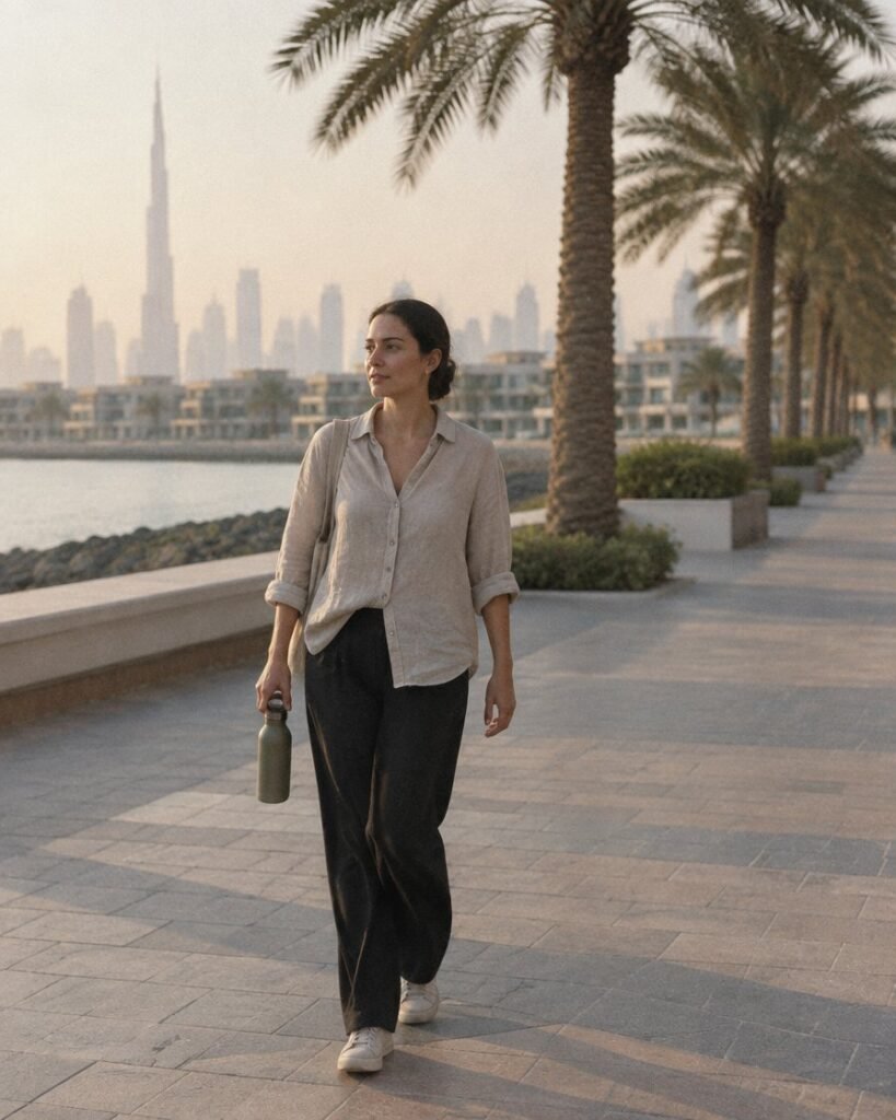 PCOS weight loss in Dubai: woman walking along a palm-lined promenade in the morning