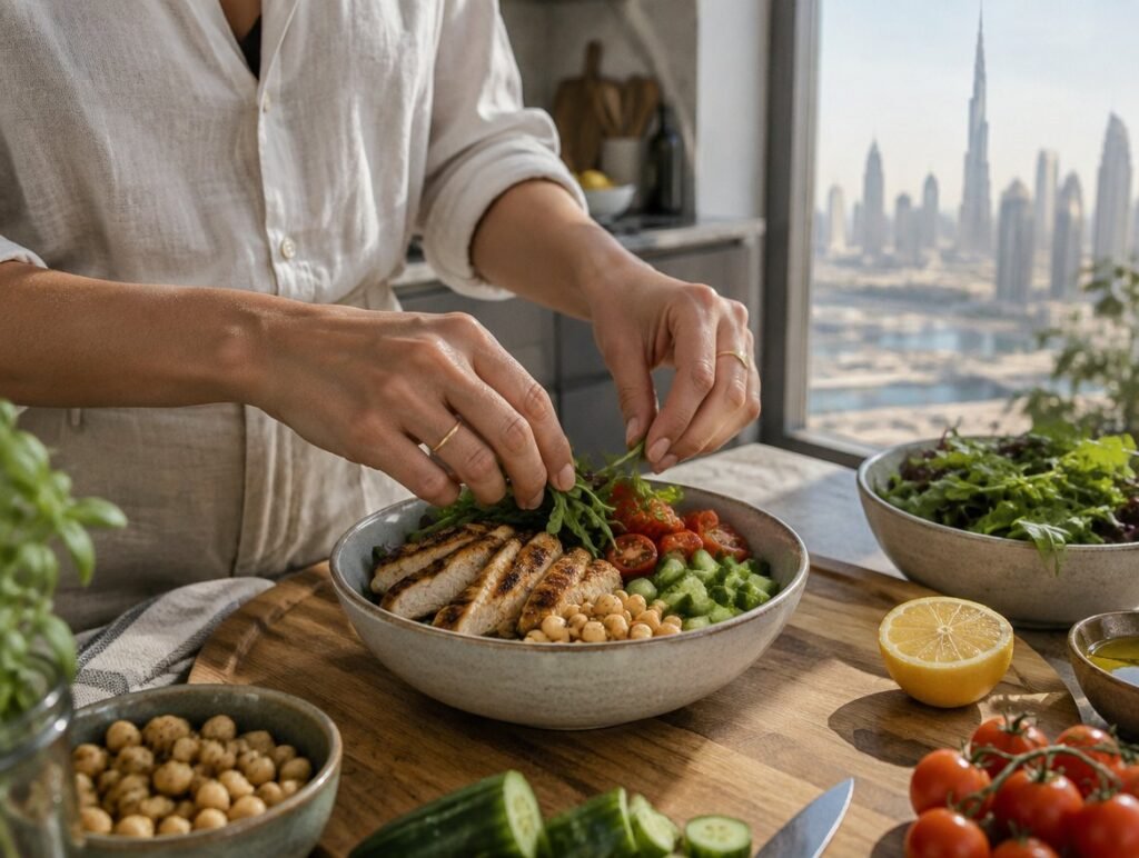 Hands preparing a lunch bowl with chicken, chickpeas and vegetables