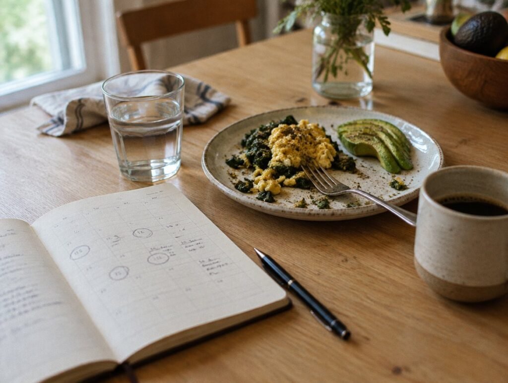 Notebook with circled dates next to breakfast on a kitchen table