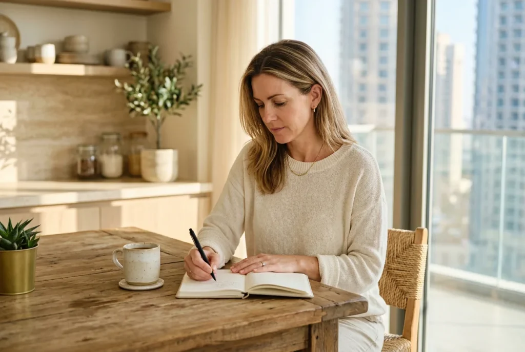 Woman noting her cycle in a diary at home