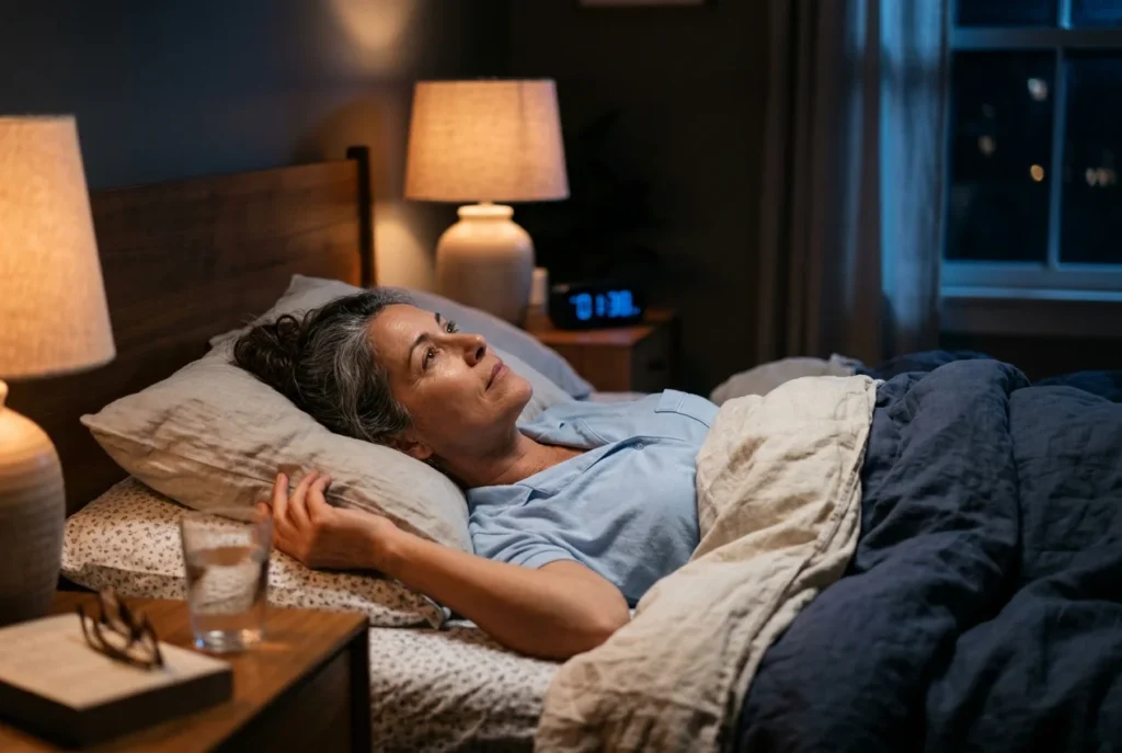 Woman lying awake at night during perimenopause